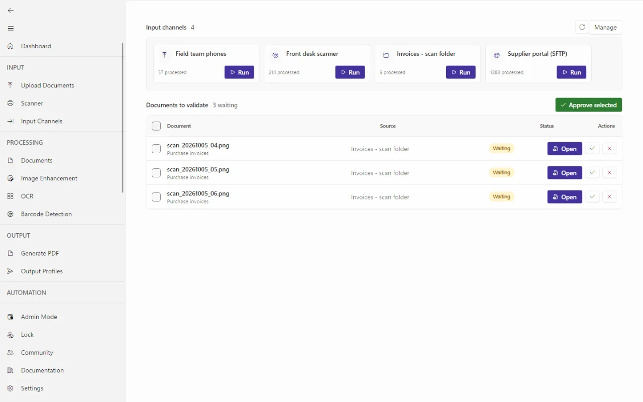 The DataSnap Desktop dashboard with a tile per input channel and the documents waiting for review