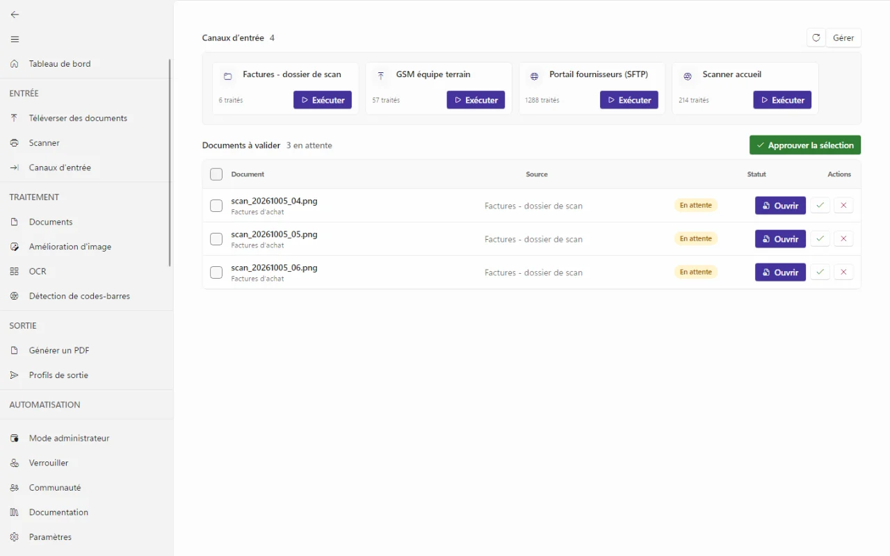 Le tableau de bord de DataSnap Desktop avec une tuile par canal d'entrée et les documents en attente de vérification