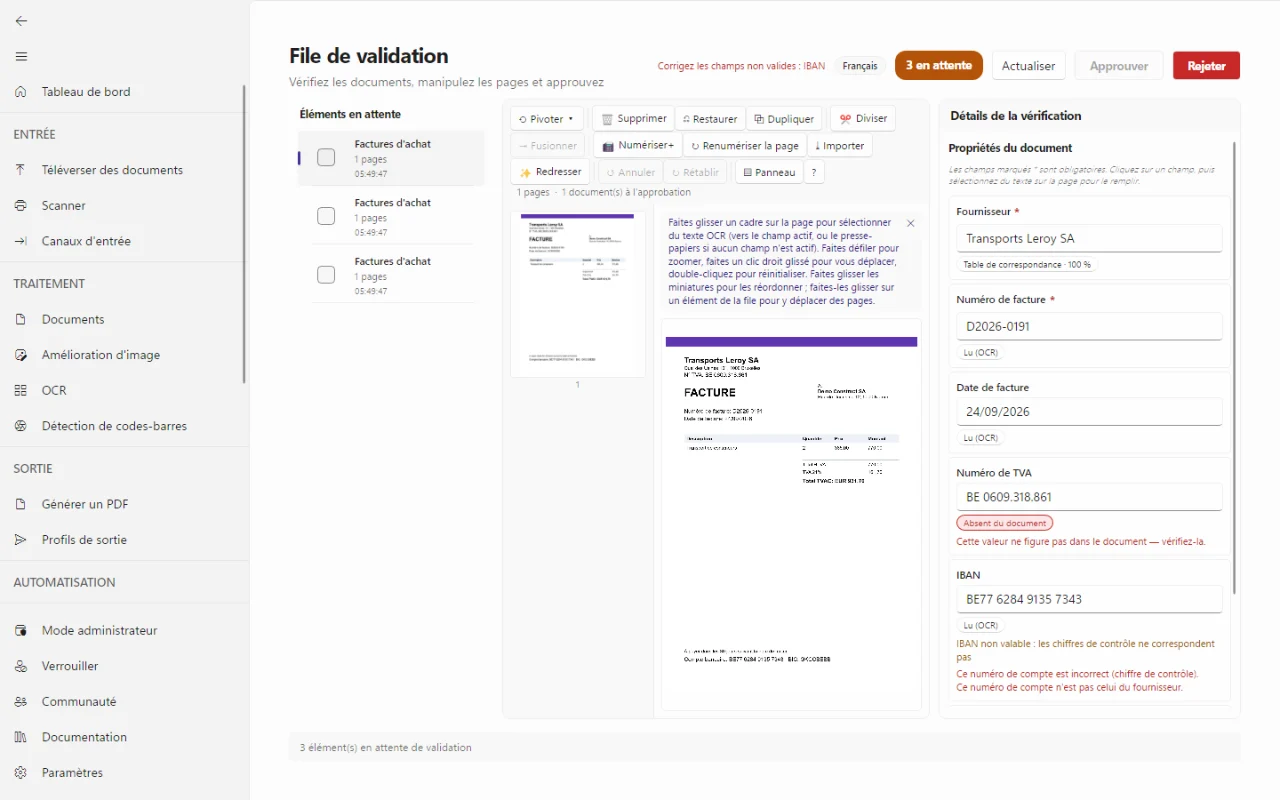 DataSnap Desktop : une facture en attente de vérification, avec les champs reconnus à côté de la page
