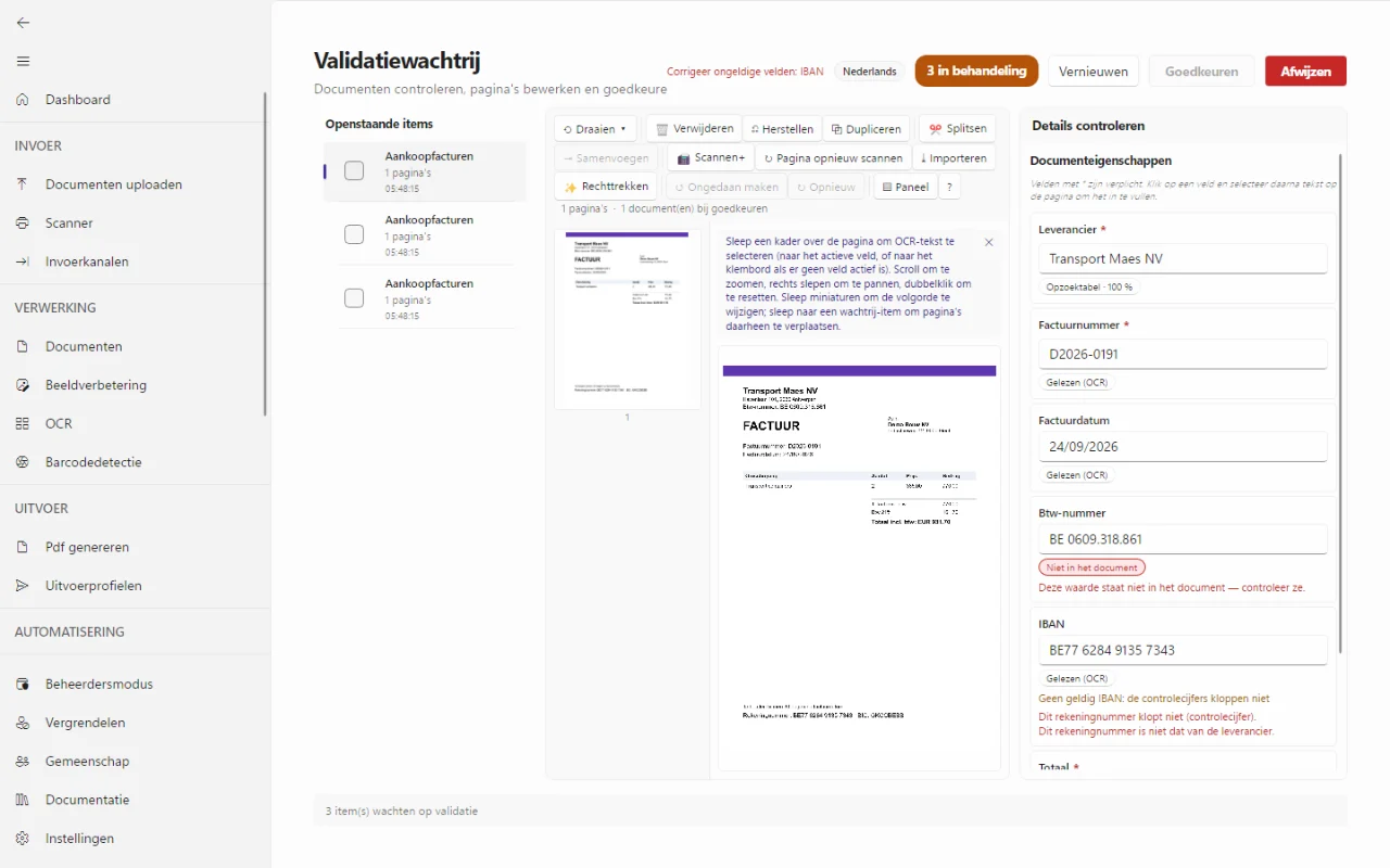DataSnap Desktop: een factuur die op nakijken wacht, met de herkende velden naast de pagina