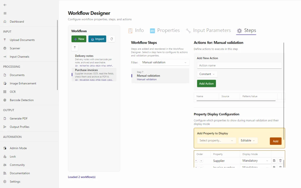 The DataSnap Desktop workflow designer with the steps of an invoice workflow