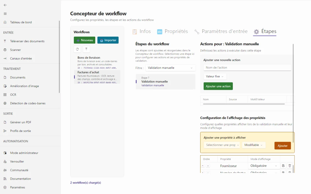 L'éditeur de workflows de DataSnap Desktop avec les étapes d'un workflow pour les factures