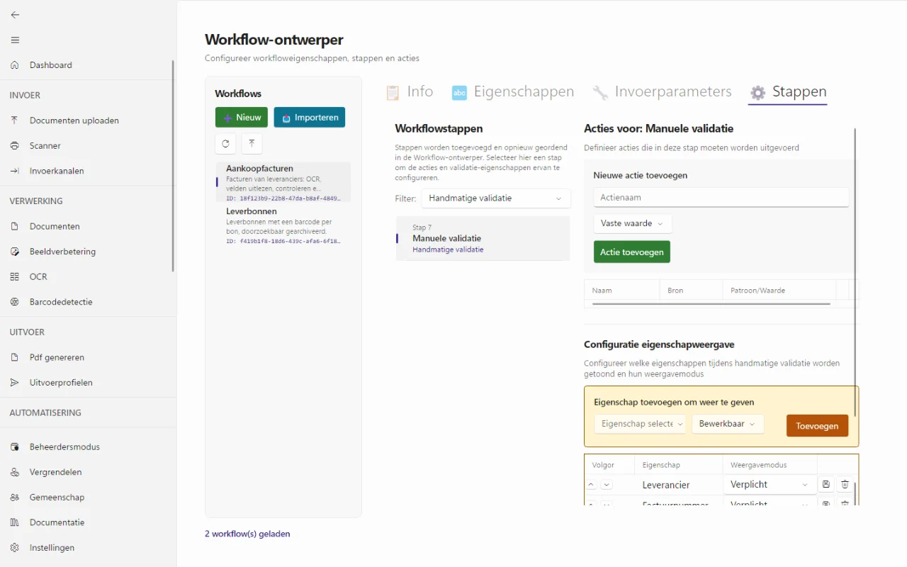 De workflow-ontwerper van DataSnap Desktop met de stappen van een workflow voor facturen